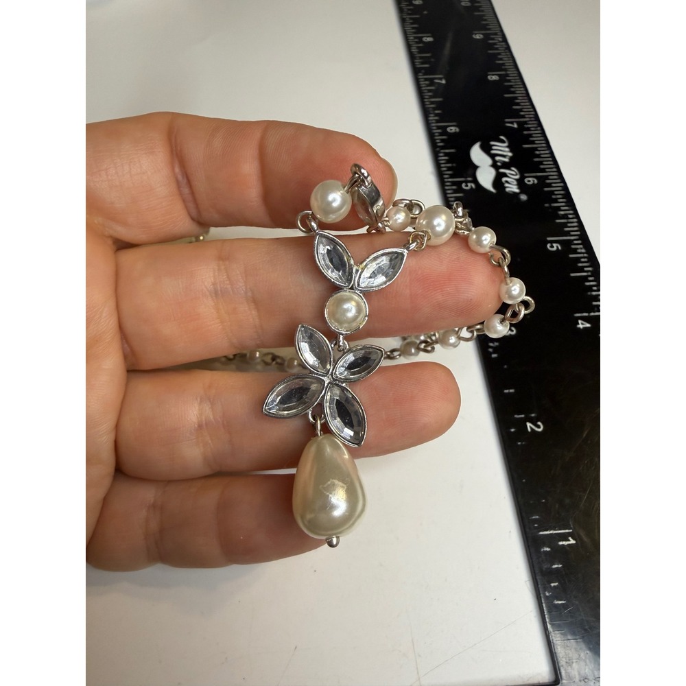 Napier Silver Tone Faux Pearl Crystal Floral Y-Drop Necklace Est 1922